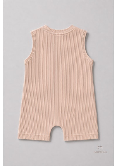 Babyden's Erkek Bebek Yazlık Ayıcık Baskılı Fitilli Tulum %100 Pamuk Kolsuz Şort Tulum Yenidoğan Bebek Romper 0-9 Ay Bej