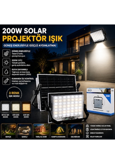 Lunaev 200w Güneş Enerjili Led Işık Solar Projektör - Fener Kamp - Dış Mekan 3 Farklı Led Işık 34896