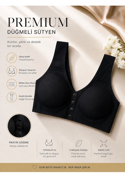 Qulat Önü Açılır Kapanır Düğmeli Sütyen Toparlayıcı, Dikişsiz, Rahat Kullanım Siyah