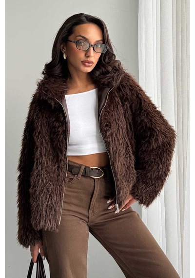 Verymoda Yapay Kürk Kadın Ceket Fermuarlı, Yumuşak Dokulu Modern Kışlık Mont F2037 Koyu Kahve