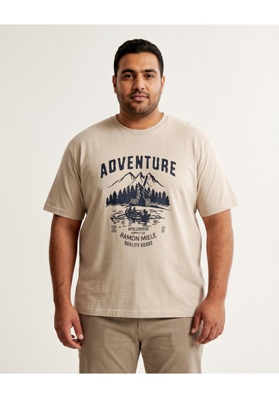 Büyük Beden Bisiklet Yaka Baskılı Erkek Tshirt Bej