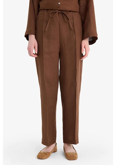 Defacto %100 Keten Straight Fit Beli Lastikli Cepli Pantolon D4388AX24HS Kahve