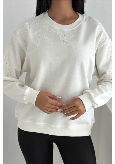 Femelle Beyaz Boncuk Ve Pul İşlemeli %100 Pamuk Sweatshirt - Svt14