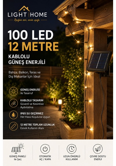 100 Led 12 Metre Güneş Enerjili Solar Led Aydınlatma Ip65 Bahçe Balkon Teras Dekoratif Işık 8 Mod Diğer