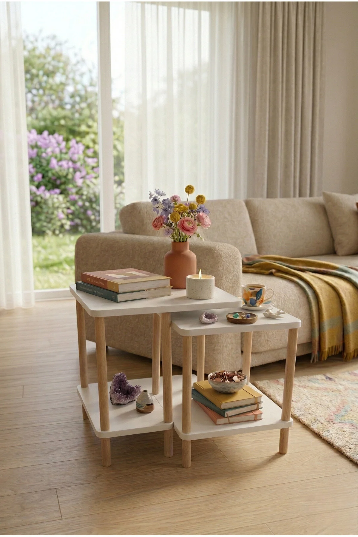Modern Minimal Tasarım Yan Sehpa Dekoratif Ahşap Zigon Sehpa 2li Set 40 50cm Beyaz