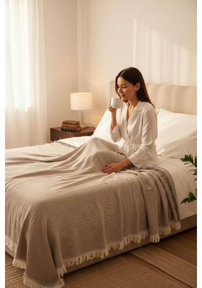 4 Mevsime Uygun Koltuk Şalı , Yatak Örtüsü , Pamuklu Müslin Tek Kişilik Pike 160 X 220 Cm - Mocha Bej