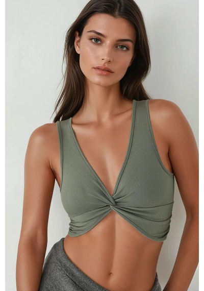 Hiccup Düz Renkli Fitilli Ön Kıvrık Crop Top Haki Yeşil