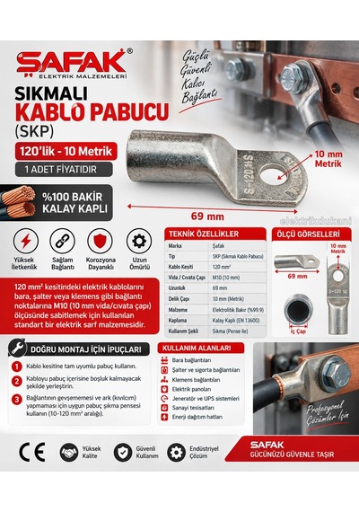 Şafak Skp-120 120mm M10 120lik Sıkmalı Kablo Pabucu Bakır Kalay Kaplı