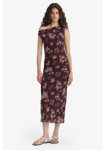 Defacto Bodycon Vücudu Saran Açık Omuz Çiçek Desenli Tül Maxi Elbise F0421ax25aubr232 Bordo