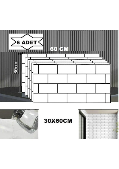 6 Adet 60x30cm Beyaz Tuğla Desen Yapışkanlı Karavan Prefabrik Banyo Wc Duvar Paneli Shiny-19