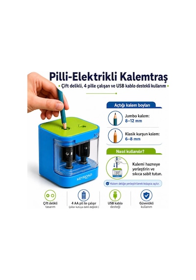 Ofisinn Masaüstü Otomatik Elektrikli Kalemtraş Çift Delikli 4 Aa Pil İle Çalışan Usb Kablo Destekli Mavi