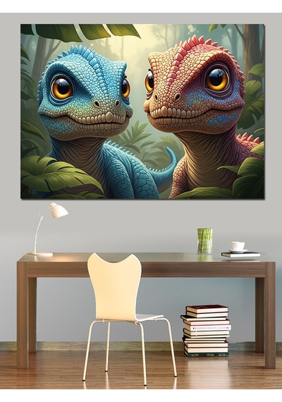 Ahşap Tablo İki Küçük Yavru Dinozor Tablo