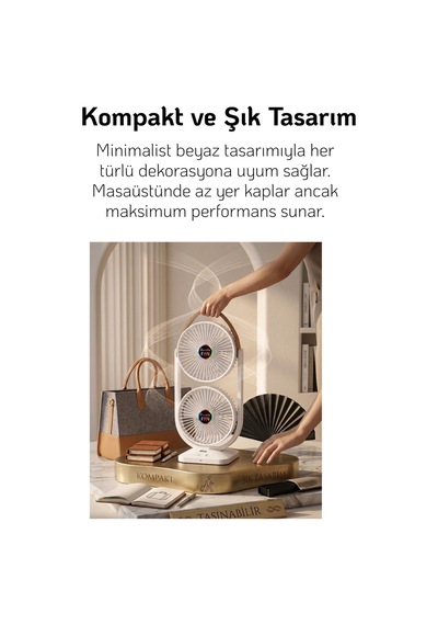 Masaütü Fan Çift Katlı Şarjlı Vantilatör Sessiz Çalışma Oynar Baş Type-c Hızlışarj 3 Kademe Soğutucu