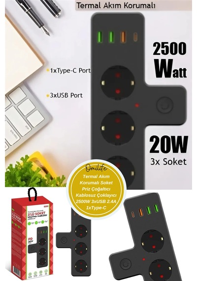 Termal Akım Korumalı Soket Priz Çoğaltıcı Kablosuz Çoklayıcı 2500w 3xusb 2.4a 1xtype-c Diğer