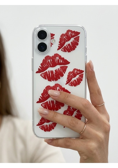İphone 17 Kırmızı Dudak / Öpücük Desenli Şeffaf Telefon Kılıfı Mh-hs9135-0795