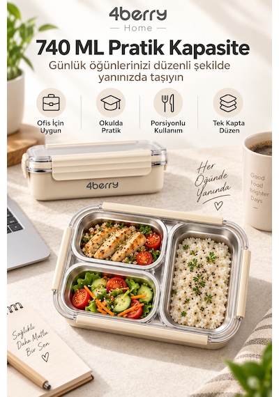 4berry Home 740 Ml 3 Bölmeli 304 Paslanmaz Çelik Termos Yemek Kabı Sızdırmaz Kapaklı, Isı Korumalı Beslenme Kutusu Krem-bej