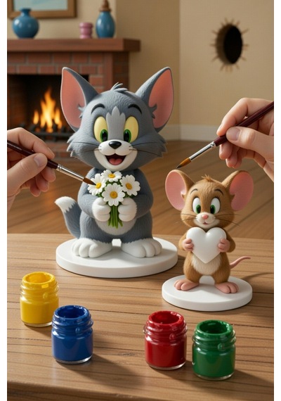 Tom Ve Jerry Figür Boyama Seti 2 Figür 6 Renk Boya 2 Fırça Kendin Boya Hobi Seti