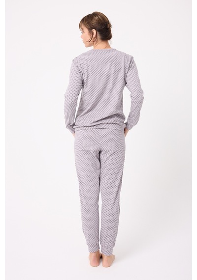 Lespadon Ocean Rıpple Premium Örme Pamuk Uzun Kollu Henley & Uzun Pantolonlu Kadın Pijama Takımı-3232 Gri