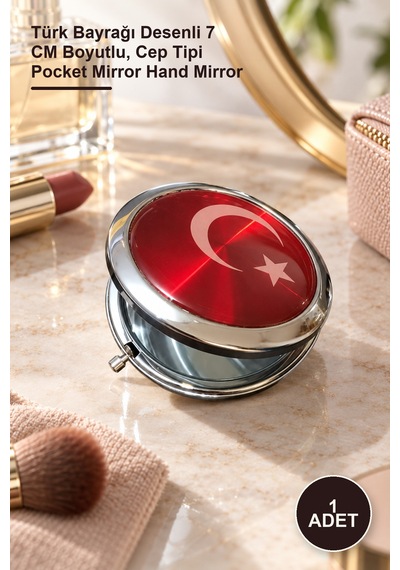 1 Adet El Aynası Türk Bayrağı Desenli 7 Cm Boyutlu, Cep Tipi Pocket Mirror Hand Mirror Sarı