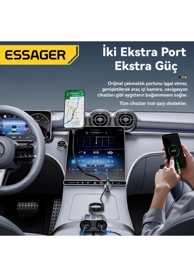 Essager 150w Araç Çakmaklık Çoklayıcı 2 Çakmaklık + 3 Usb-a + 2 Type-c 30w Hızlı Şarj 12v-24v Uyumlu