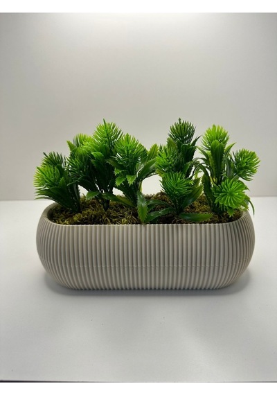 Uzun Bej Renk Saksıda Yapay Çiçek Pembe Iğneli Çam Demeti Dekoratif Mutfak Banyo Masa Çiçeği 21x9x7 - Yeşil
