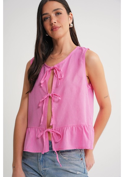 Mixray 4717 Kadın Önü Bağcıklı Fırfırlı Kolsuz Keten Bluz Pembe