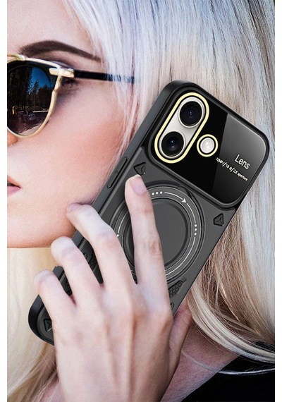 Apple Uyumlu iPhone 16 Kılıf Joy Lens Standlı Kapak Koyu Yeşil\