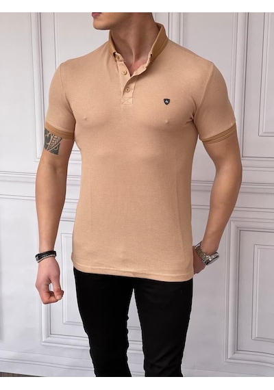 Modefendi Slim Fit Düğme Detaylı Pamuk Örme Polo Yaka Tshırt Krem