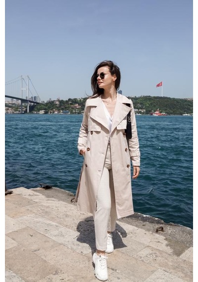 Pastelastore Esnek Pamuk Gabardin Uzun 110cm Astarsız Kadın Trençkot 1117 Taş Rengi Taş