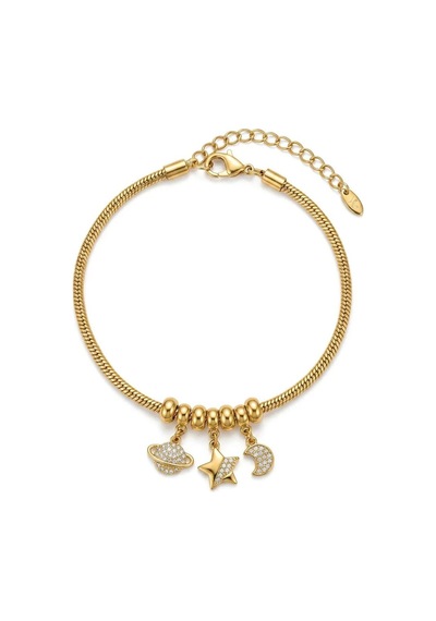 Kadın Gold Cosmo Shine Zirkon Taşlı Satürn Ay Yıldız Charm Bileklik Altın