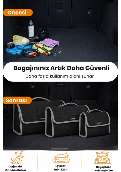 Oto Bagaj Organizer Bagaj Çantası 3'lü Kombo Kaymaz Cırt Bantlı Velur Kompakt - Siyah Gri