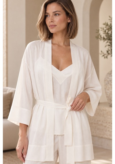 Loule Kadın Ekru Çizgili Kimonolu Pamuklu Pijama Takımı 3 Parça