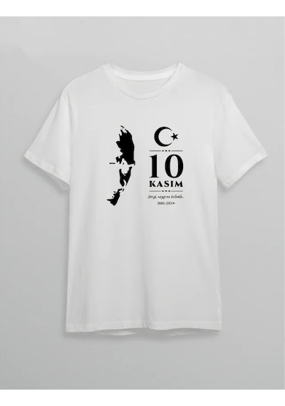 Modi 10 Kasım Atatürk Anma Günü Silüet Baskılı Oversize Bisiklet Yaka T-shirt - Beyaz Açık Beyaz