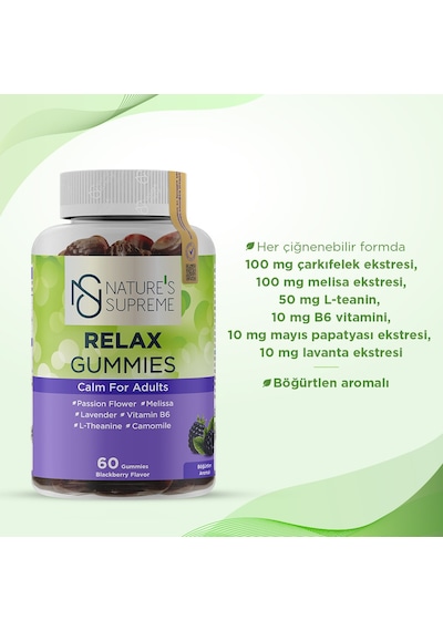 Natures Supreme Relax Gummies 60 Çiğnenebilir Form Böğürtlen
