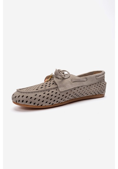 Luvishoes Stevo Bej Süet Hakiki Deri Delikli Bağcıklı Kadın Loafer Ayakkabı