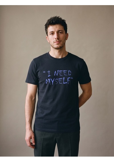 Maccali Erkek Lacivert I Need Myself Baskılı Bisiklet Yaka Tişört