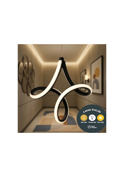 Vortex Design Siyah Modern 3 Renk Ledli Mutfak Sarkıt Avize - Sarı Beyaz Gün Işığı
