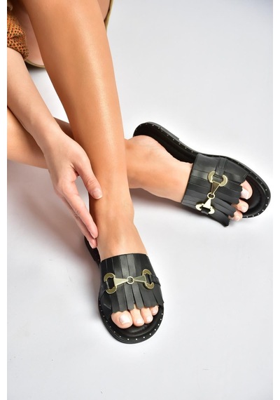 Fox Shoes Y291873003 Siyah Hakiki Deri Kadın Terlik