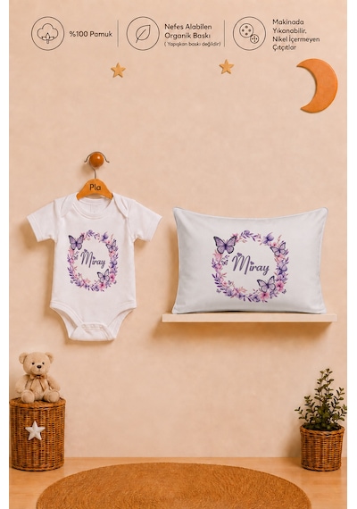 Pia Baby İsme Özel Kız Bebek Hediyesi %100 Pamuk Organik Baskılı Body Yastık Kılıfı Ve Ham Bez Kıyafet Kesesi 1090byk9x Ekru