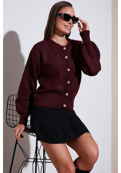 Lela Premium Regular Fit Bisiklet Yaka Yumuşak Dokulu Bayan Hırka 680Hi00147 Bordo