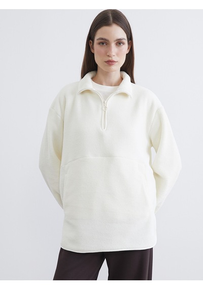 Lcw Modest Beyaz Dik Yaka Oversize Kadın Polar Sweatshirt