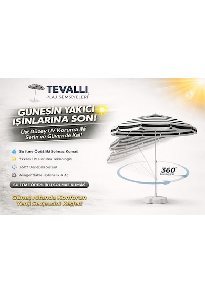 360 Dönebilen Plaj Şemsiyesi Uv Korumalı Su İtici Solmaz Kumaş 190 Gr Dokuma Polyester -gri