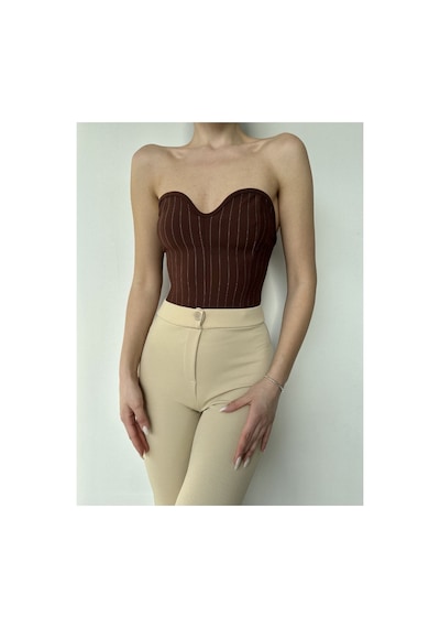 Wellway Ithal Crep Çizgili Kadın Bustiyer-crop Kahverengi Kahverengi