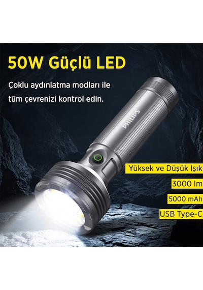Philips Sfl6253 3000 Lümen 50w Led El Feneri Metal Gövdeli 9 Modlu Çıkarılabilir Pilli Şarj Edilebilir Çift Açılı Flashlight