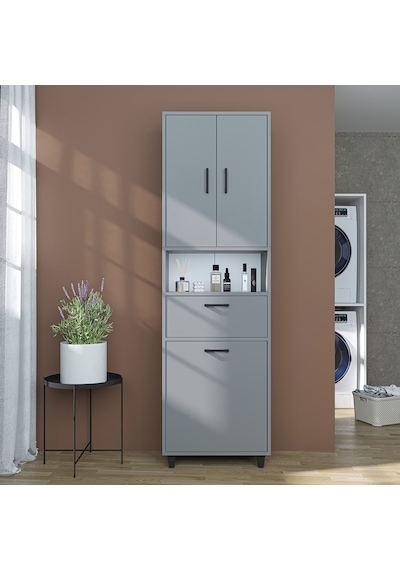 Çamaşır Sepetli Banyo Dolabı, Çok Amaçlı Çekmeceli Dolap 60 X 200 Cm Kül Gri