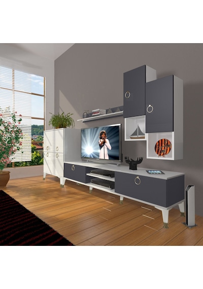 Decoraktiv Eko 6da Mdf Dvd Gold Tv Ünitesi Tv Sehpası Beyaz - Antrasit