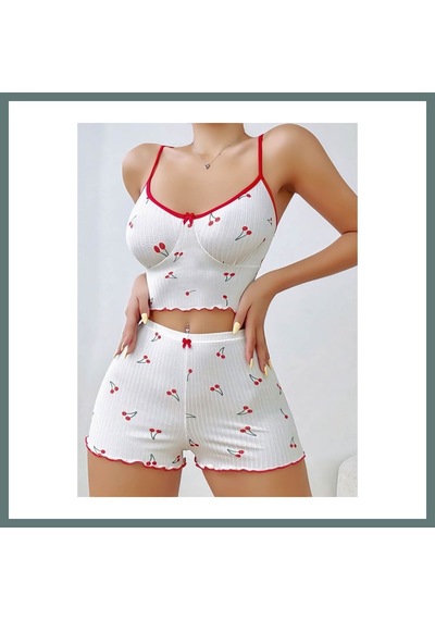 Bezos Kadın Vişne Desenli Dantel Askılı Şortlu Pijama Takımı 5193 Beden: L/xl Renk: Beyaz Ventra
