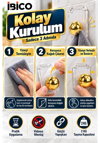 İbico 3'lü Yapışkanlı Altın Askı Seti Vidasız Montaj Güçlü Yapışkanlı Duvar Banyo Mutfak Kapı Askısı Çok Renkli