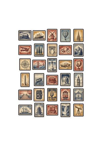 30 Adet Vintage Posta Pulu Seyahat Sticker Seti - Valiz Defter Ajanda İçin Çok Renkli