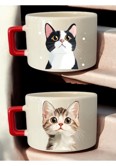 Tatlı Kedi Baskılı 2'li Kahve Fincanı Seramik Kupa - Öğretmenler Günü Hediyesi, Öğretmene Hediye Beyaz
